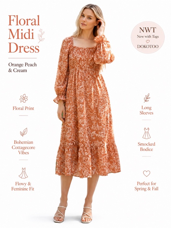 Dresses & Skirts - Floral Long Sleeve Dress orange peach and cream Midi bohemian NWT cottagecore L